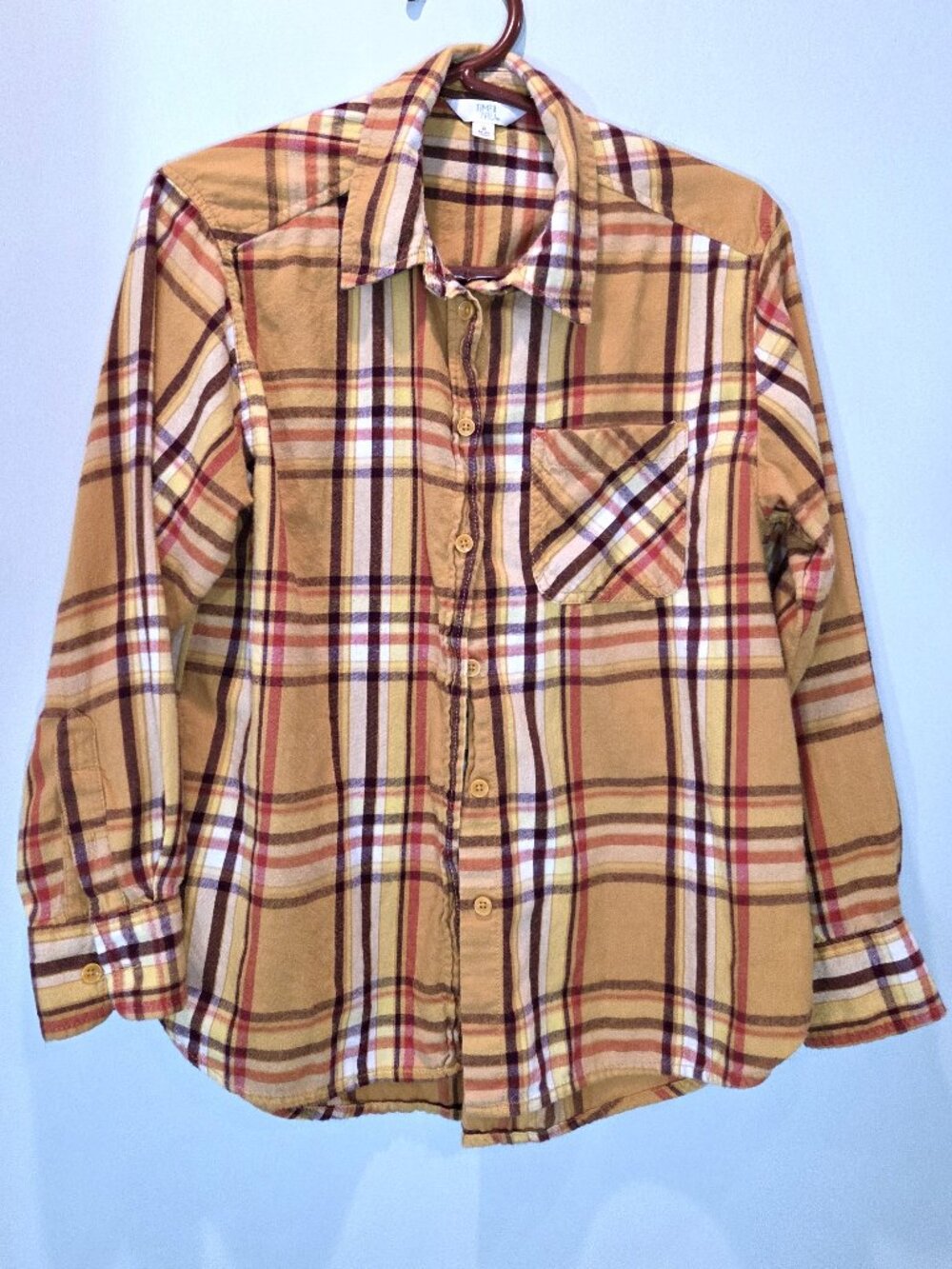 Time and Tru Yellow & Brown Plaid Flannel Shirt Size S